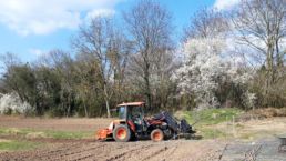 Traktor pflügt auf dem Freilandacker der Orangerie Aukamm